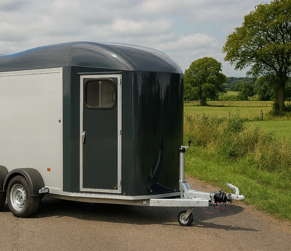 Van-remorque equestre muni d'un atelage