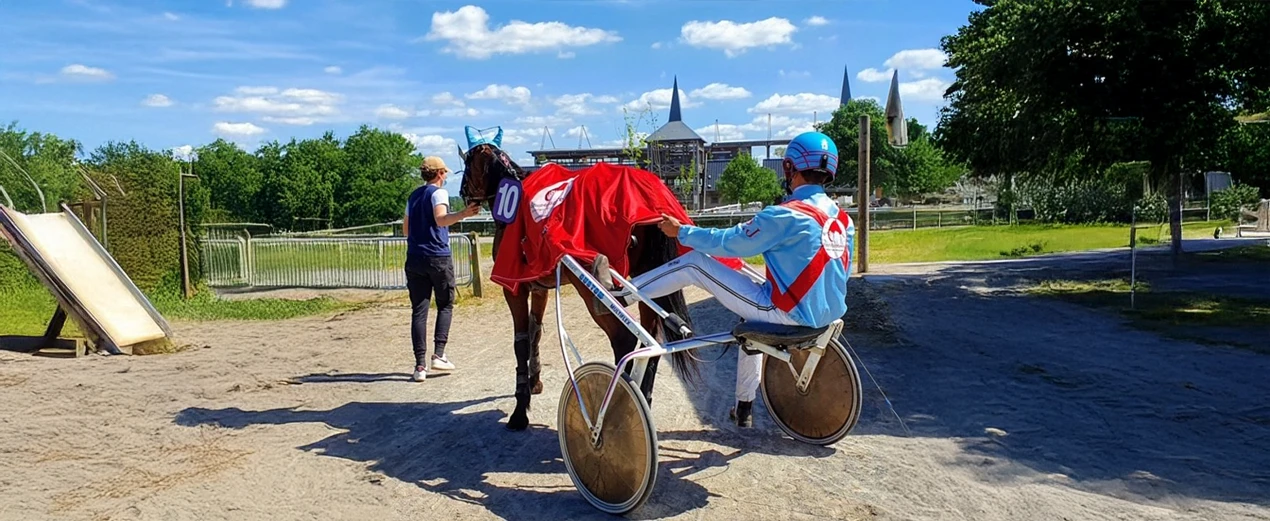 Jockey entrant dans un circuit sur son char tracté par un cheval
